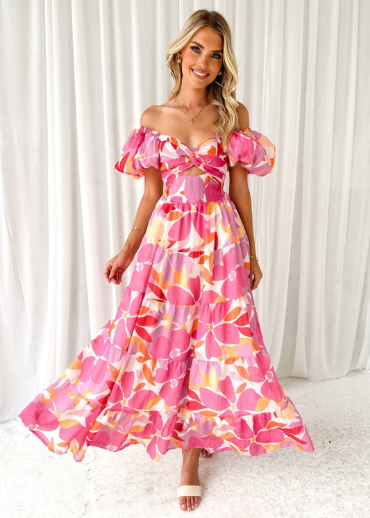 Women’s Maxi Dress – Off-Shoulder – Puff Sleeve – Smocked Waist – Lightweight Printed