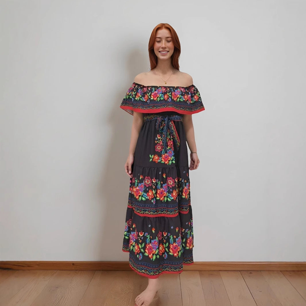 Women’s Maxi Dress – Off-Shoulder – Floral Print – Ruffled Bodice – Tiered Skirt – Relaxed Fit
