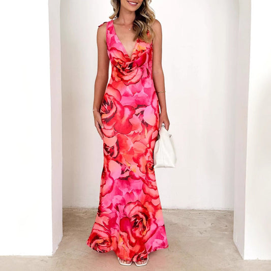 Women’s Maxi Dress – Stretch Fit – V-Neck – Sleeveless – Floral Print – Elegant Drape