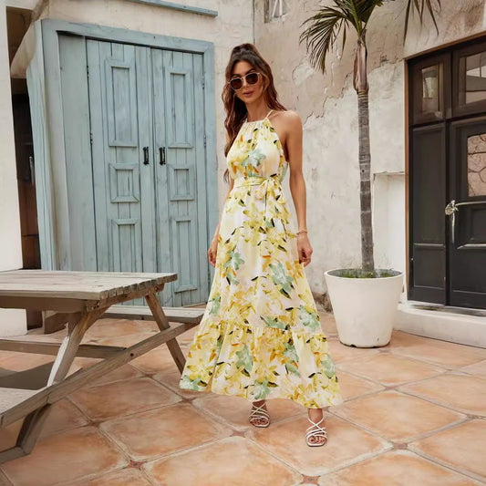 Women’s Maxi Dress – Lightweight Cotton Blend – Halter Neck – Tiered Skirt – Adjustable Waist