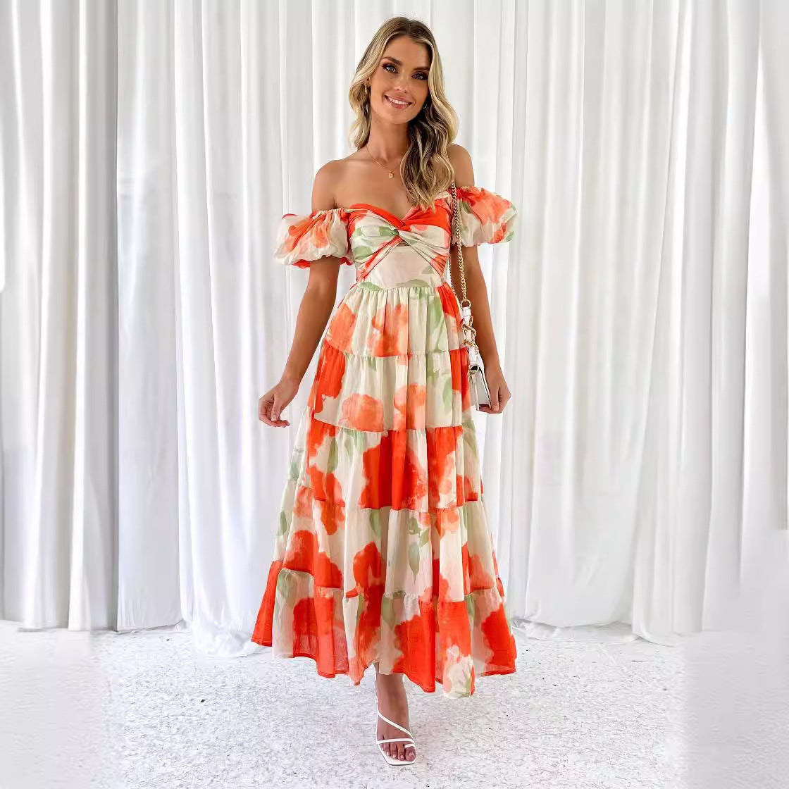 Women’s Maxi Dress – Fit and Flare – Puff Sleeve – Cut-Out Bodice – Tiered Skirt – Printed