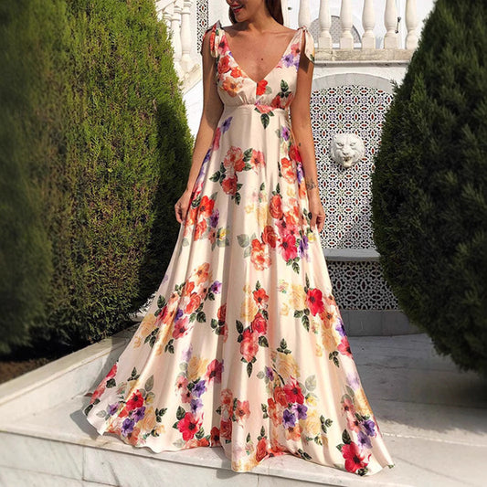 Women’s Maxi Dress – A-Line Fit – Floral Print – Spaghetti Straps – Backless Sleeveless