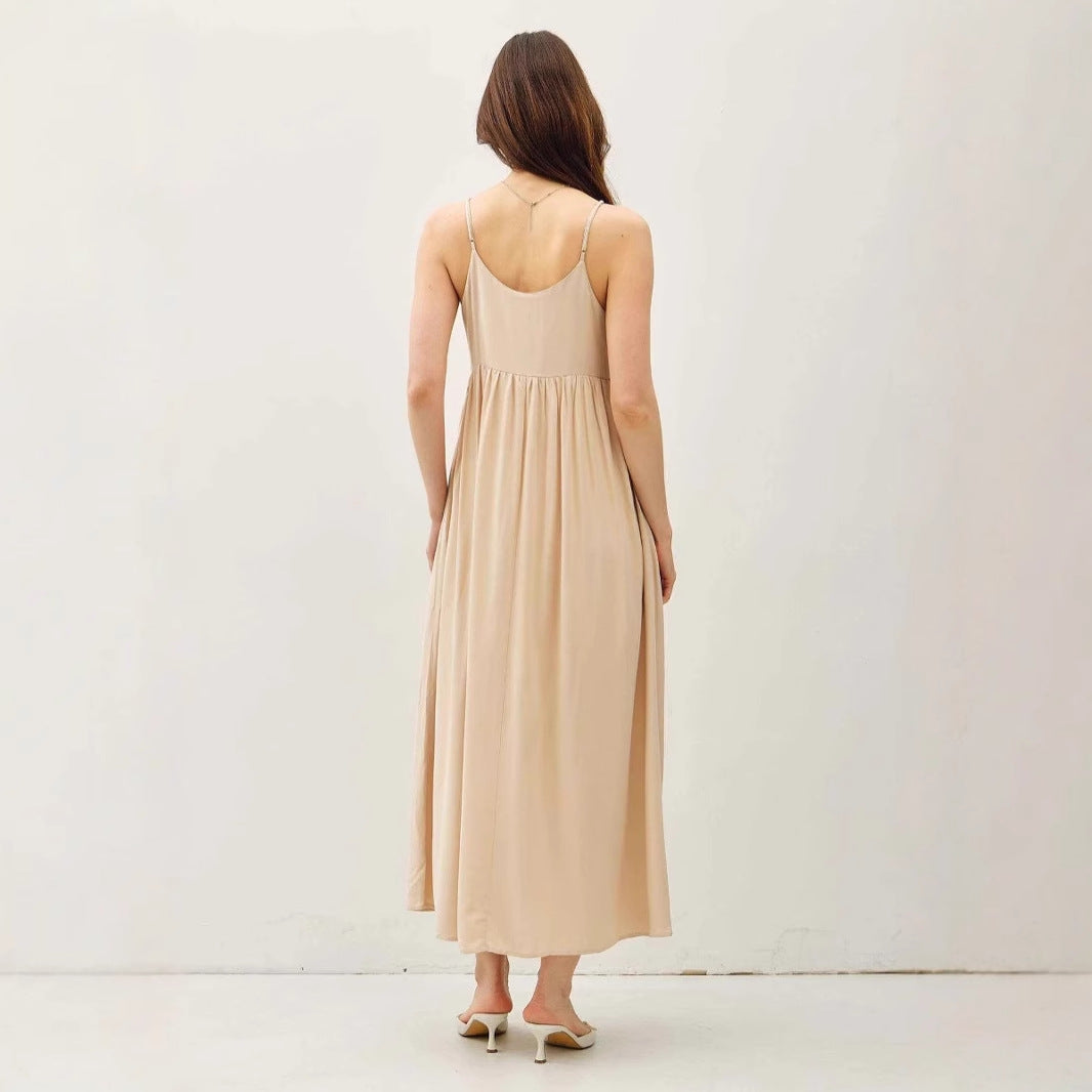 Women’s Maxi Dress – Lightweight Chiffon – V-Neck – Spaghetti Straps – Pleated Skirt