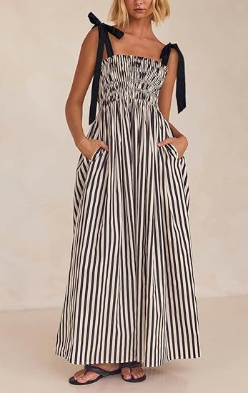 Women’s Maxi Dress – Lightweight Cotton Blend – Ruched Bodice – Flared Skirt – Pockets