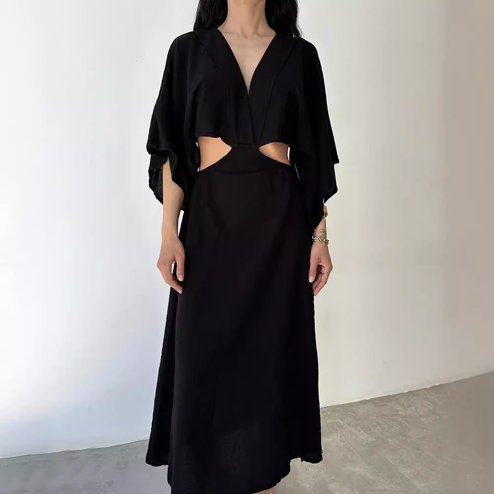 Women’s Maxi Dress – Cotton Linen Blend – Slim Fit – V-Neck – High Slit – Cut-Out Waist
