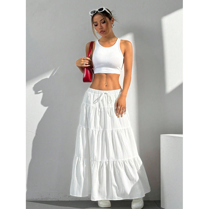 Women’s Long Skirt – Cotton Blend – A-Line Fit – Tiered – Drawstring Waist
