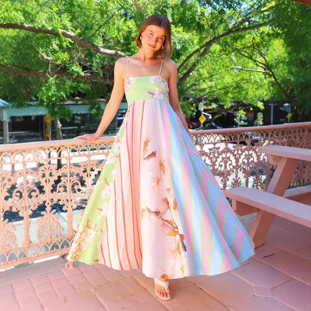 Women’s Maxi Dress – Lightweight Cotton – Flowy Fit – Spaghetti Straps – Artistic Print