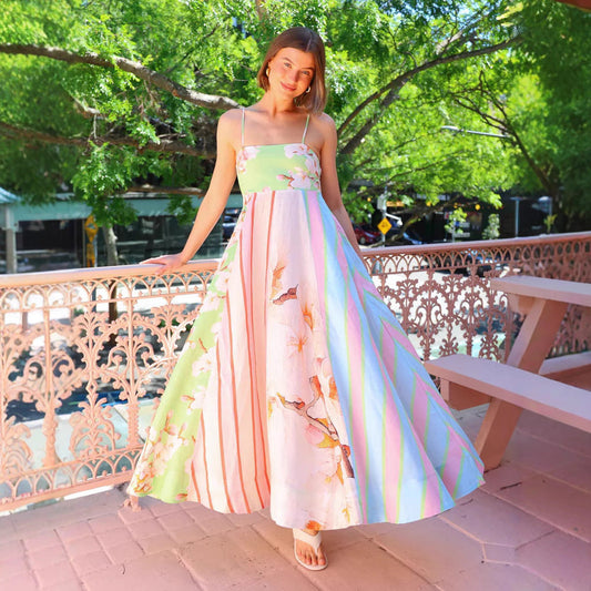 Women’s Maxi Dress – Lightweight Cotton – Flowy Fit – Spaghetti Straps – Artistic Print