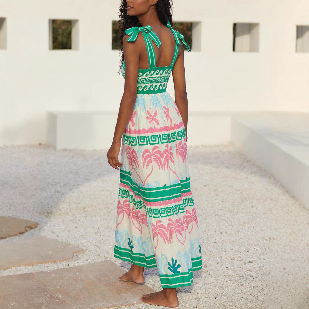Women’s Maxi Dress – Cotton Blend – A-Line Fit – Tiered Skirt – Square Neck – Pockets