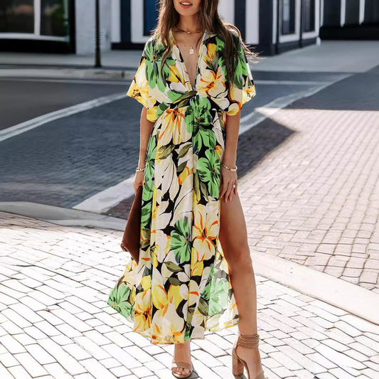 Women’s Maxi Dress – Floral Print – Wrap V-Neck – High Waist – Side Slit – Short Sleeve