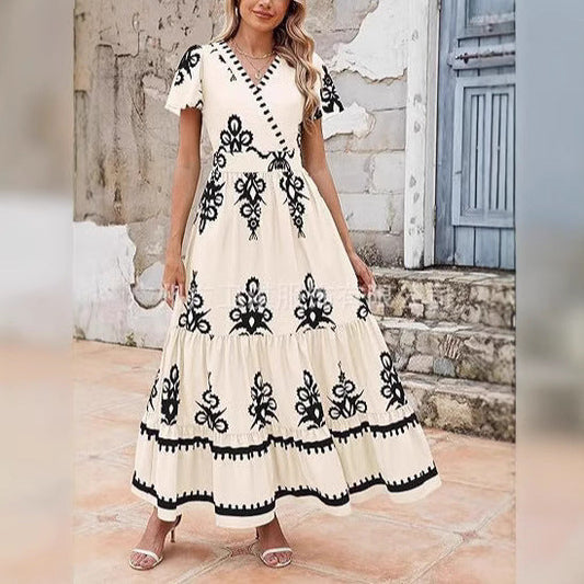 Women’s Maxi Dress – Bohemian A-Line Fit – Floral Print – V-Neck – Short Sleeve
