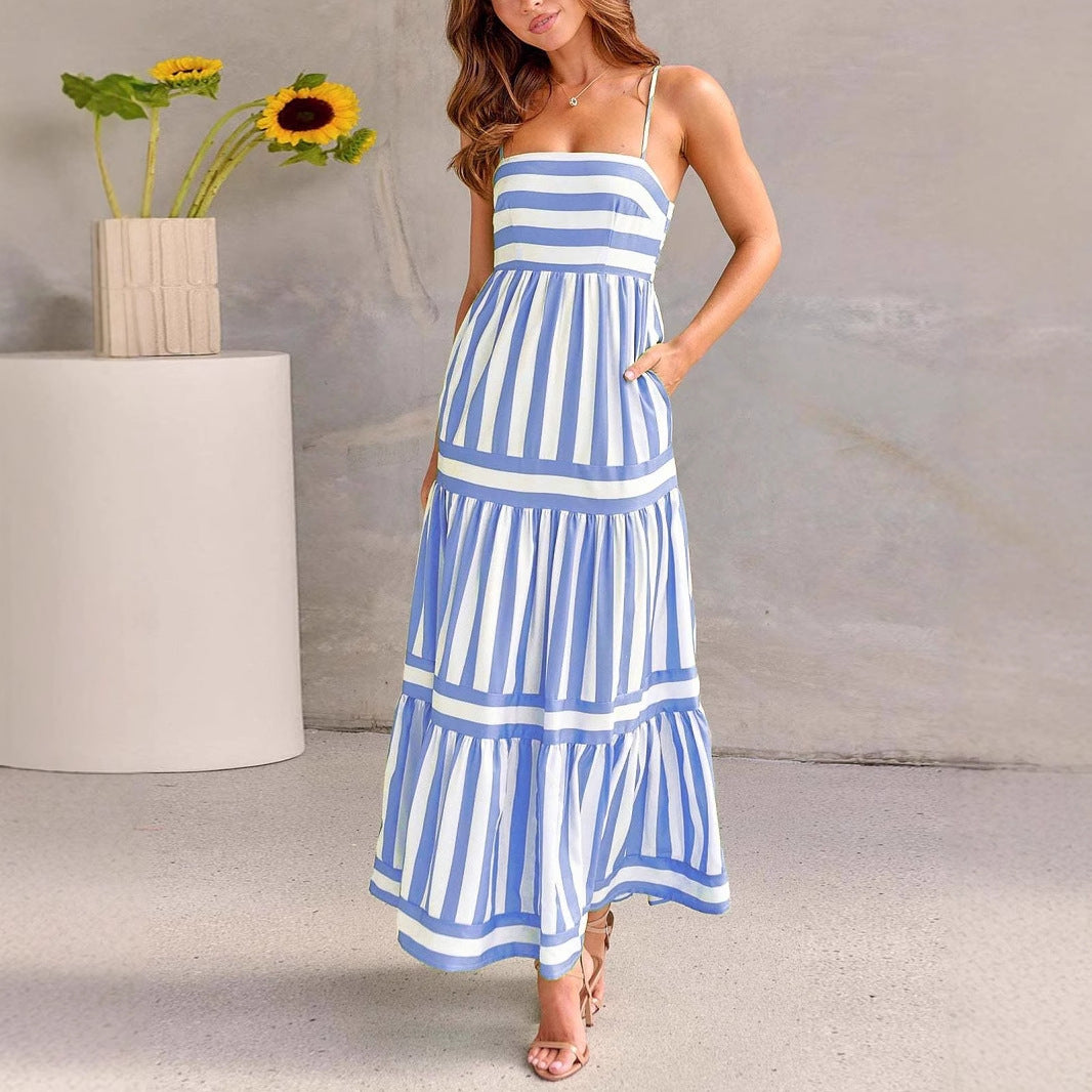 Women’s Sundress – Lightweight Cotton – A-Line Fit – Tiered Striped Maxi Dress