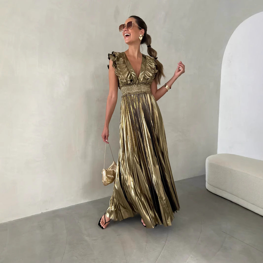 Women’s Evening Dress – Satin Finish – A-Line Fit – Ruffle V-Neck – Pleated Maxi