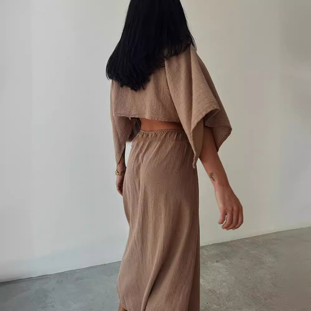 Women’s Maxi Dress – Cotton Linen Blend – Slim Fit – V-Neck – High Slit – Cut-Out Waist
