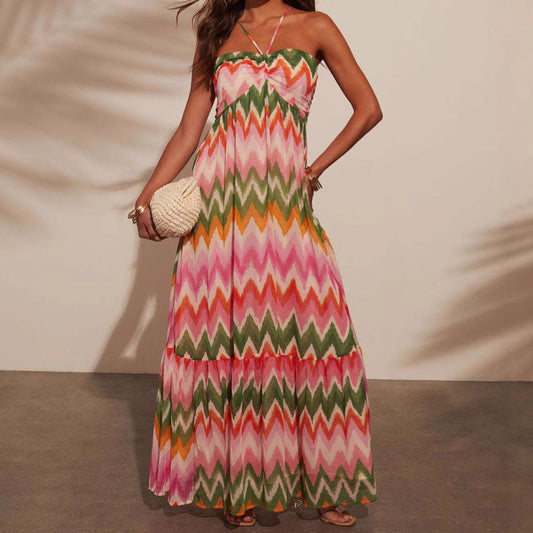 Women’s Maxi Dress – Halter Neck – Tiered Skirt – Zigzag Print – Flowy Fit