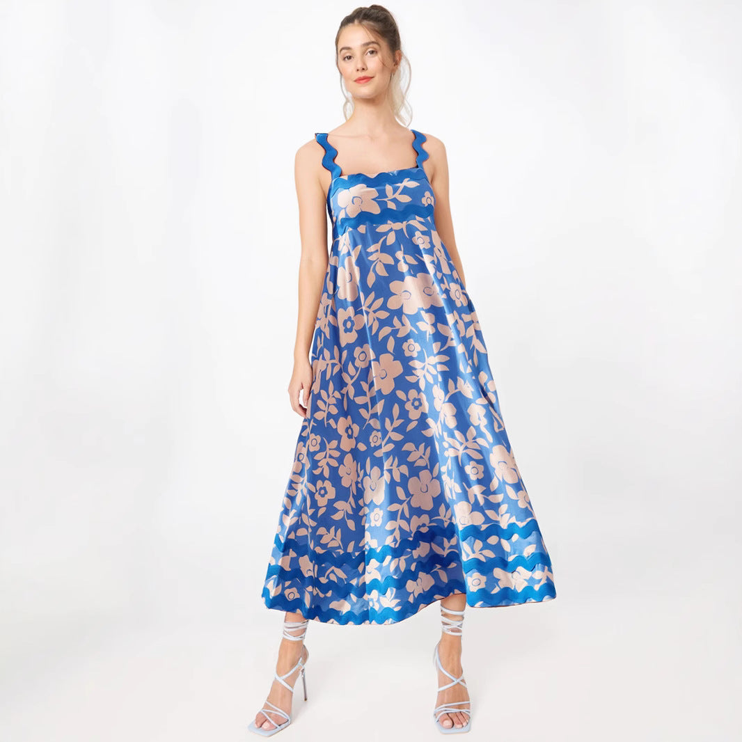 Women’s Long Dress – Strappy A-Line Fit – Floral Print – Wavy Trim – Lightweight Fabric