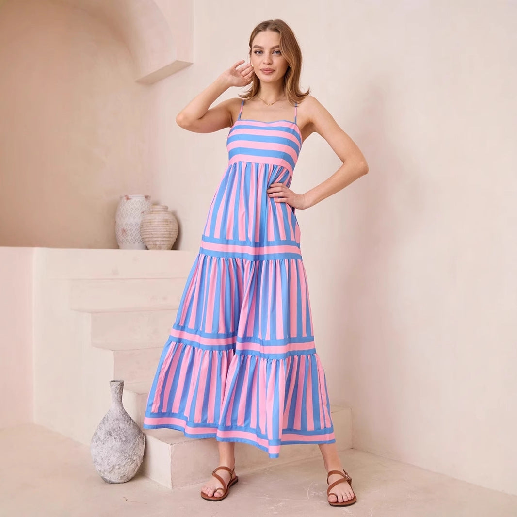 Women’s Sundress – Lightweight Cotton – A-Line Fit – Tiered Striped Maxi Dress