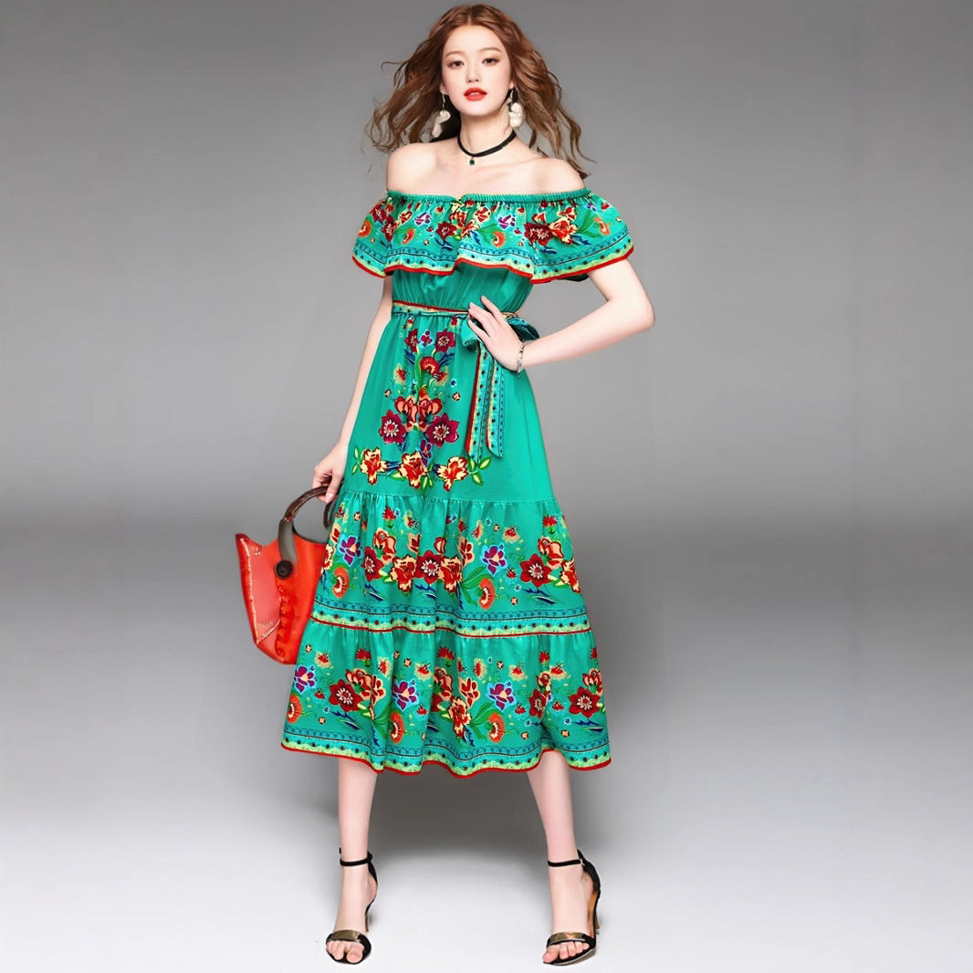 Women’s Maxi Dress – Off-Shoulder – Floral Print – Ruffled Bodice – Tiered Skirt – Relaxed Fit