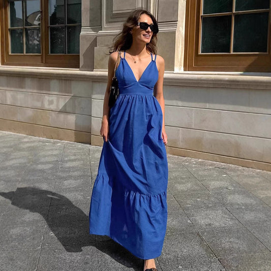 Women’s Maxi Dress – Cotton Linen Blend – Sleeveless V-Neck – Tiered A-Line Fit