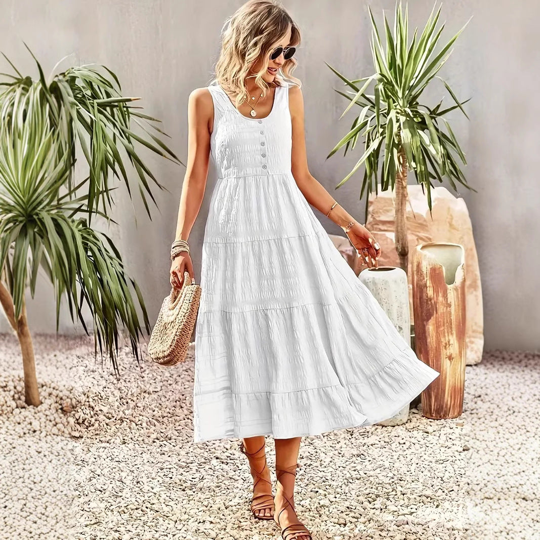 Women’s Maxi Dress – Sleeveless A-Line – Tiered Skirt – U-Neck – Lightweight Cotton