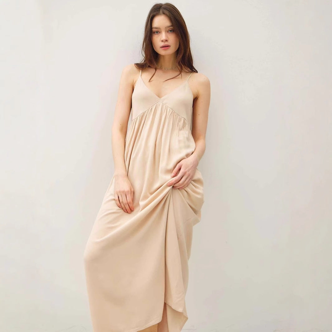 Women’s Maxi Dress – Lightweight Chiffon – V-Neck – Spaghetti Straps – Pleated Skirt
