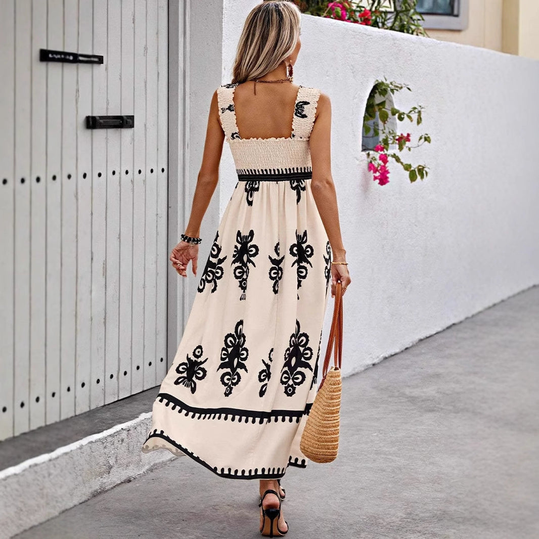Women’s Maxi Dress – Bohemian Print – Smocked Bodice – Lightweight Cotton – Strappy Fit