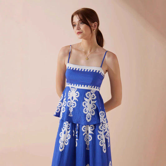 Women’s Top and Skirt Set – Peplum Fit – Ethnic Print – Lightweight Cotton – Midi Skirt