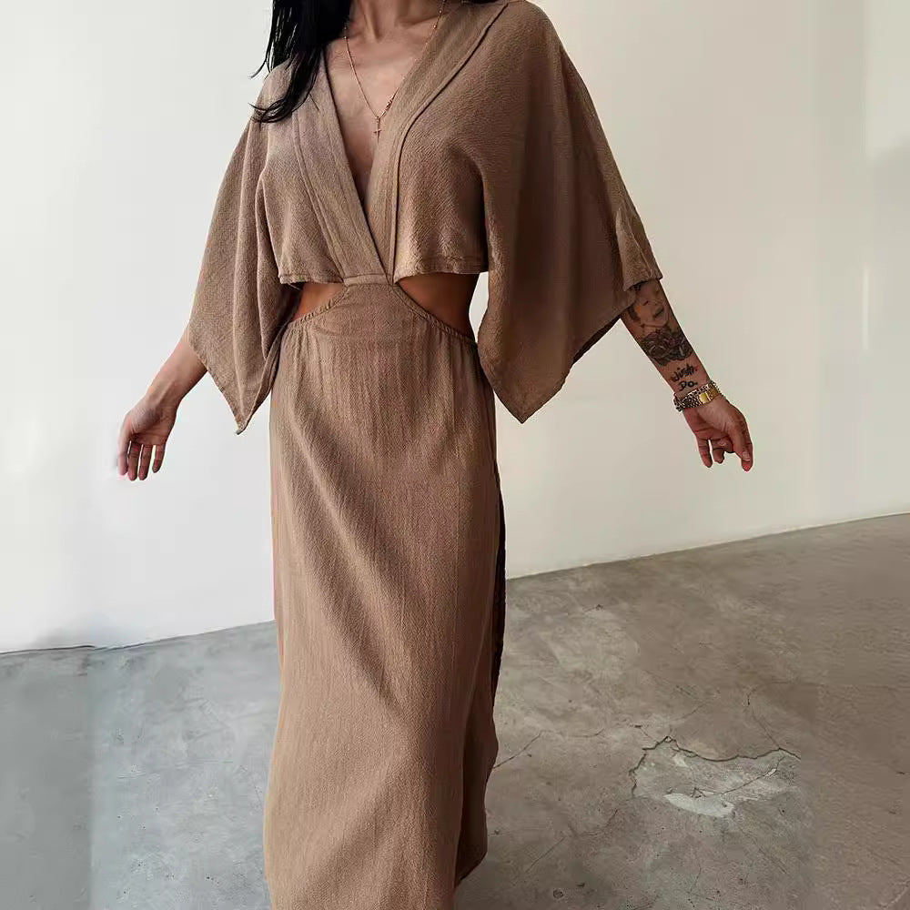 Women’s Maxi Dress – Cotton Linen Blend – Slim Fit – V-Neck – High Slit – Cut-Out Waist