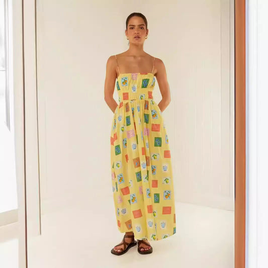 Women’s Maxi Dress – Off Shoulder – Ruched Bodice – Spaghetti Straps – Relaxed Fit
