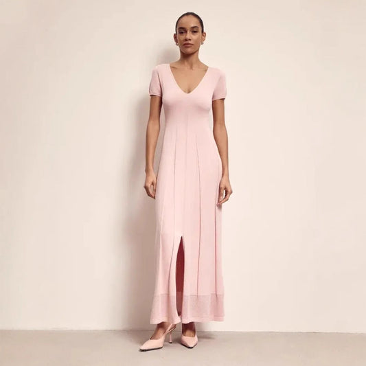 Women’s Maxi Dress – Slim Fit – V-Neck – Short Sleeve – Pleated Knit with Slit