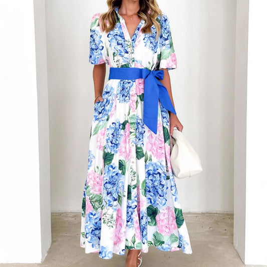 Women’s Maxi Dress – A-Line Fit – Short Sleeve – Floral Print – Waist Tie Boho Style