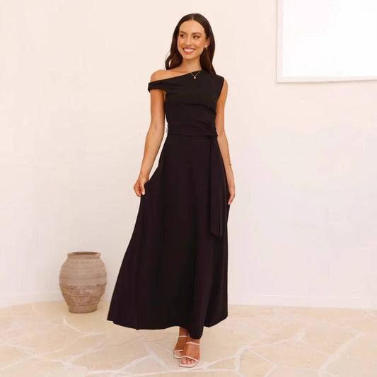 Women’s Maxi Dress – One-Shoulder Neckline – Waist Tie – Flowing Elegant Fit