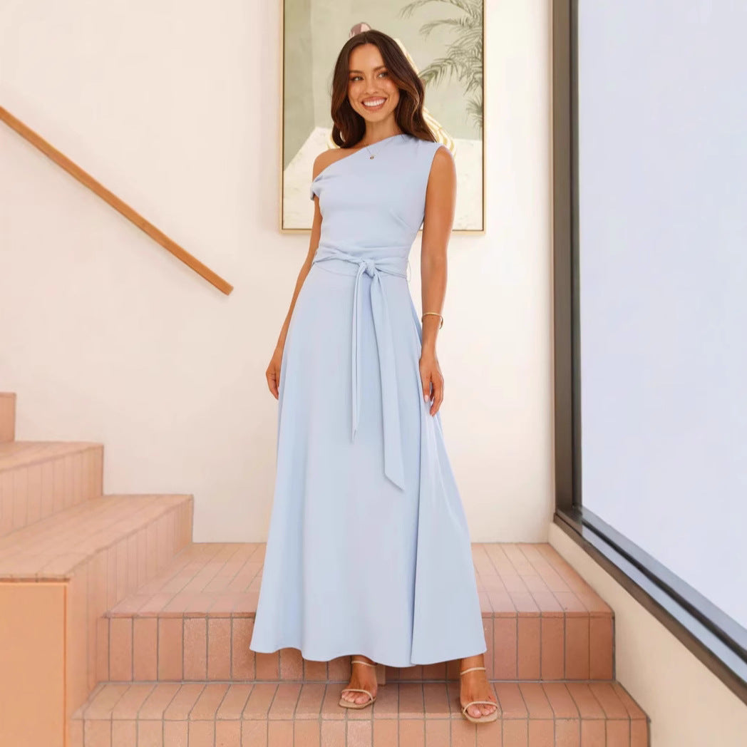 Women’s Maxi Dress – One-Shoulder Neckline – Waist Tie – Flowing Elegant Fit