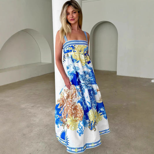 Women’s Maxi Dress – Cotton Blend – A-Line Fit – Tiered Printed – Thin Straps