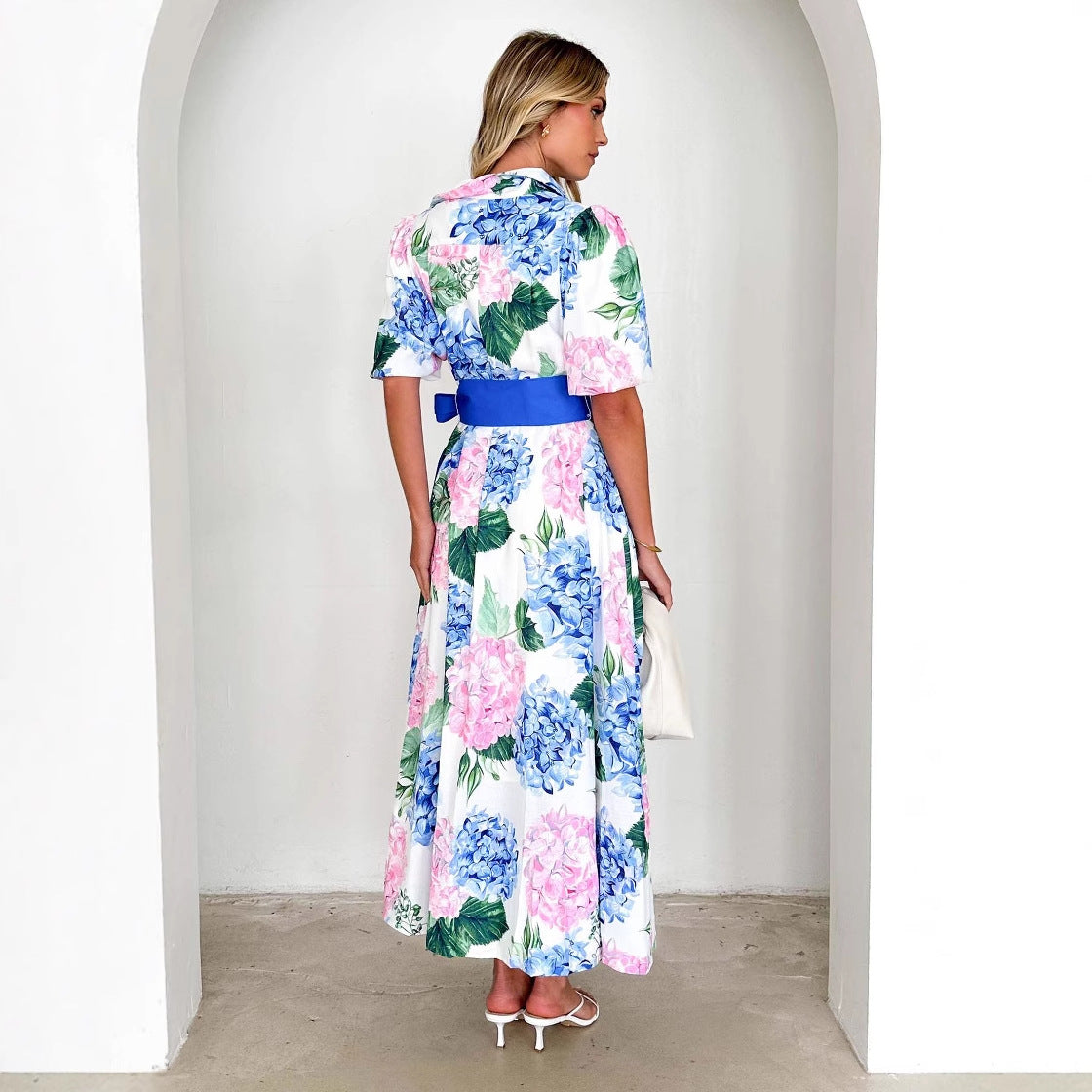 Women’s Maxi Dress – A-Line Fit – Short Sleeve – Floral Print – Waist Tie Boho Style
