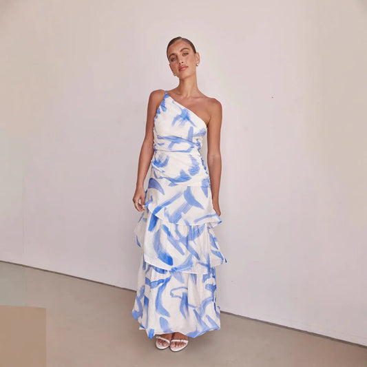 Women’s Maxi Dress – One-Shoulder – Ruched Bodice – Tiered A-Line – Abstract Print