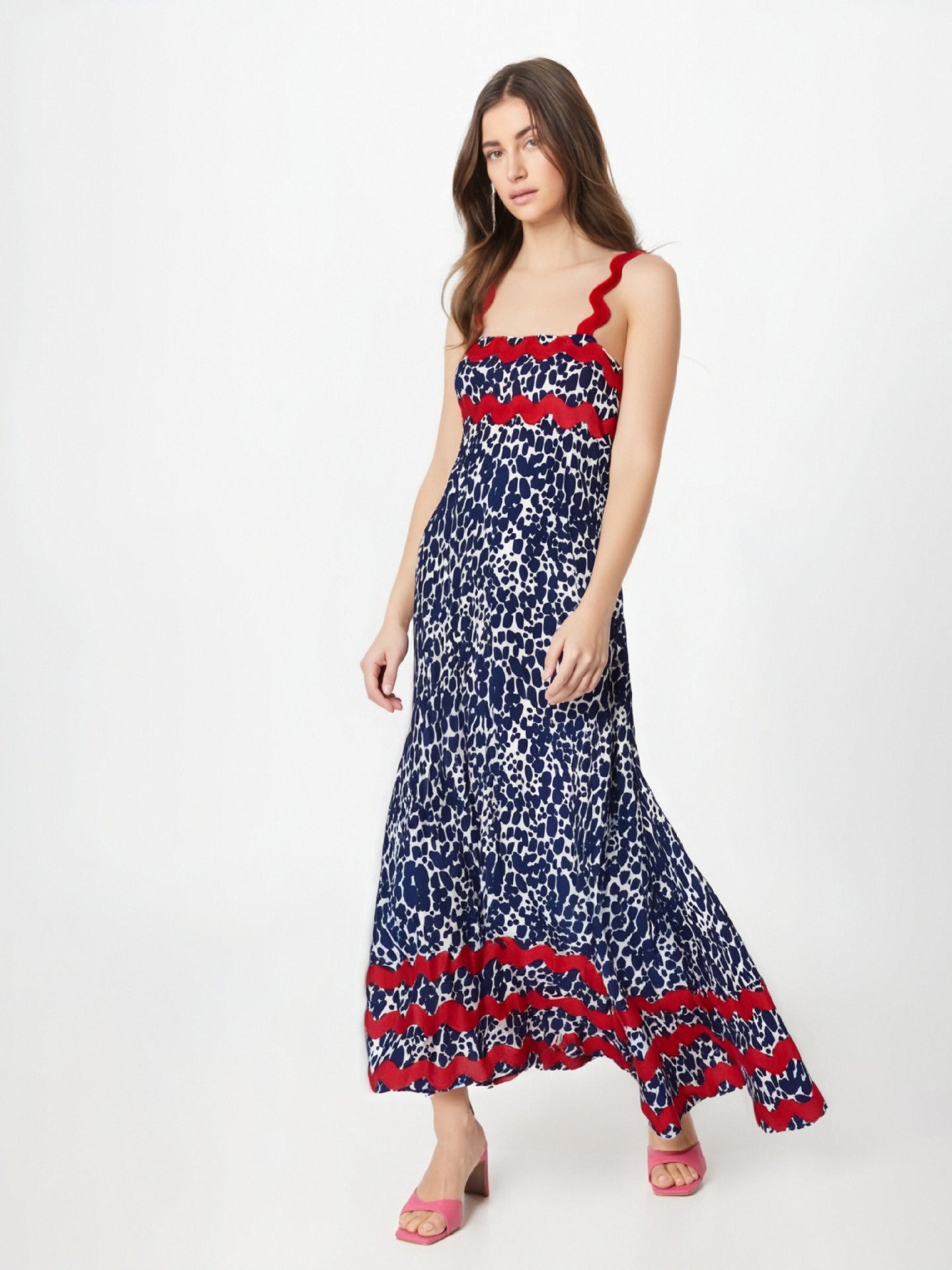 Women’s Long Dress – Strappy A-Line Fit – Floral Print – Wavy Trim – Lightweight Fabric