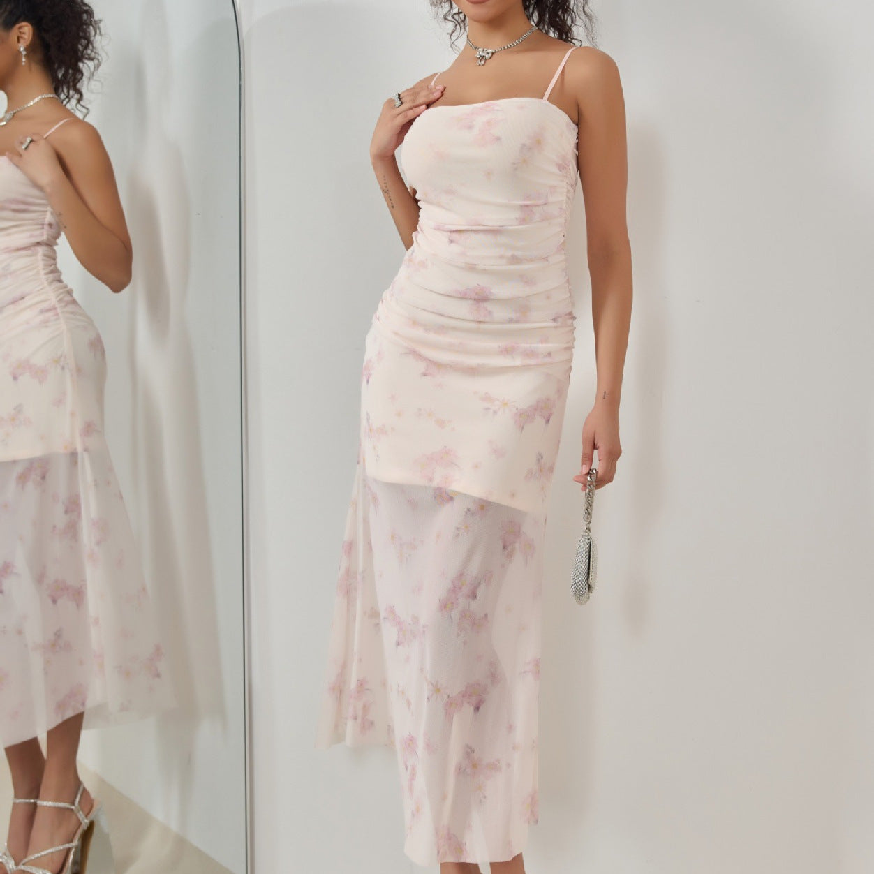 Women’s Maxi Dress – Slim Fit – Sheer Lightweight Fabric – Ruching – Mermaid Hem – Delicate Straps