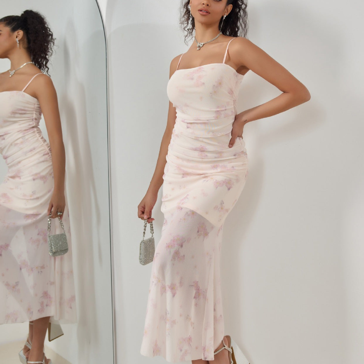 Women’s Maxi Dress – Slim Fit – Sheer Lightweight Fabric – Ruching – Mermaid Hem – Delicate Straps