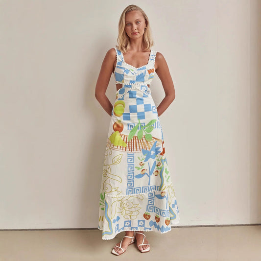 Women’s Maxi Dress – A-Line Fit – V-Neck – Spaghetti Straps – Cut-Out Waist – Printed