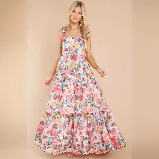 Women’s Maxi Dress – One Shoulder – Floral Print – Tiered Skirt – Cotton Blend