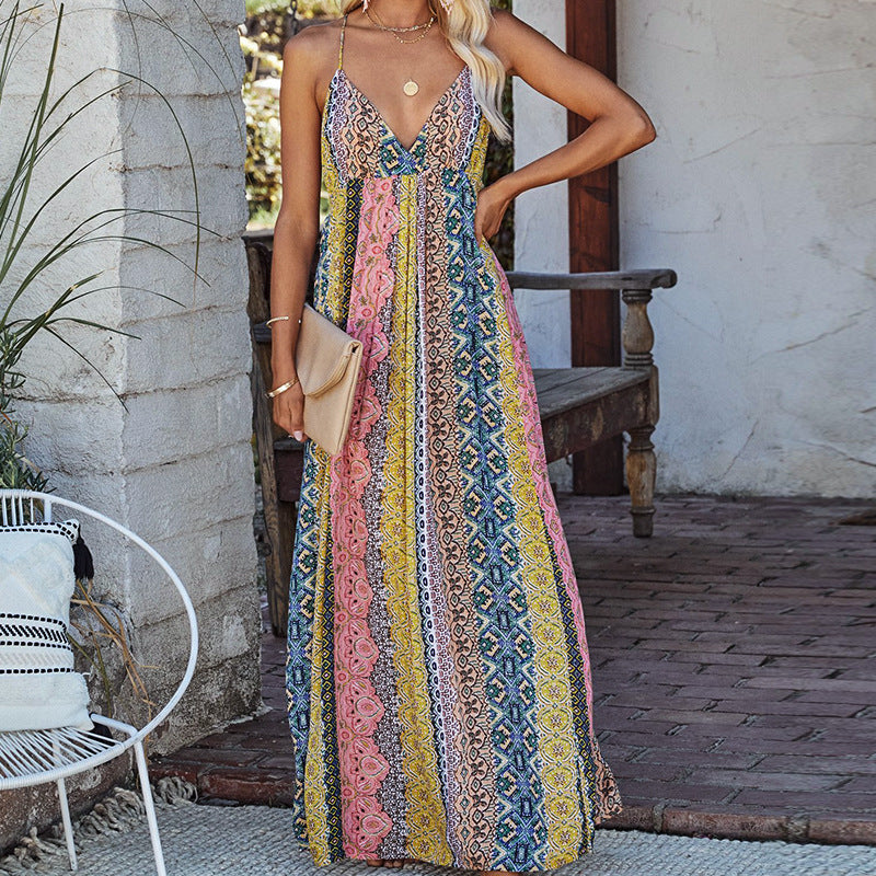 Women’s Maxi Dress – Cotton Blend – Relaxed Fit – V-Neck – Open Back – Printed