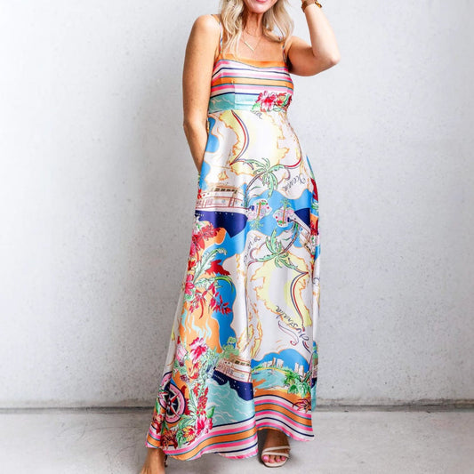Women’s Maxi Dress – Fit and Flare – Spaghetti Straps – Bold Print Resort Style