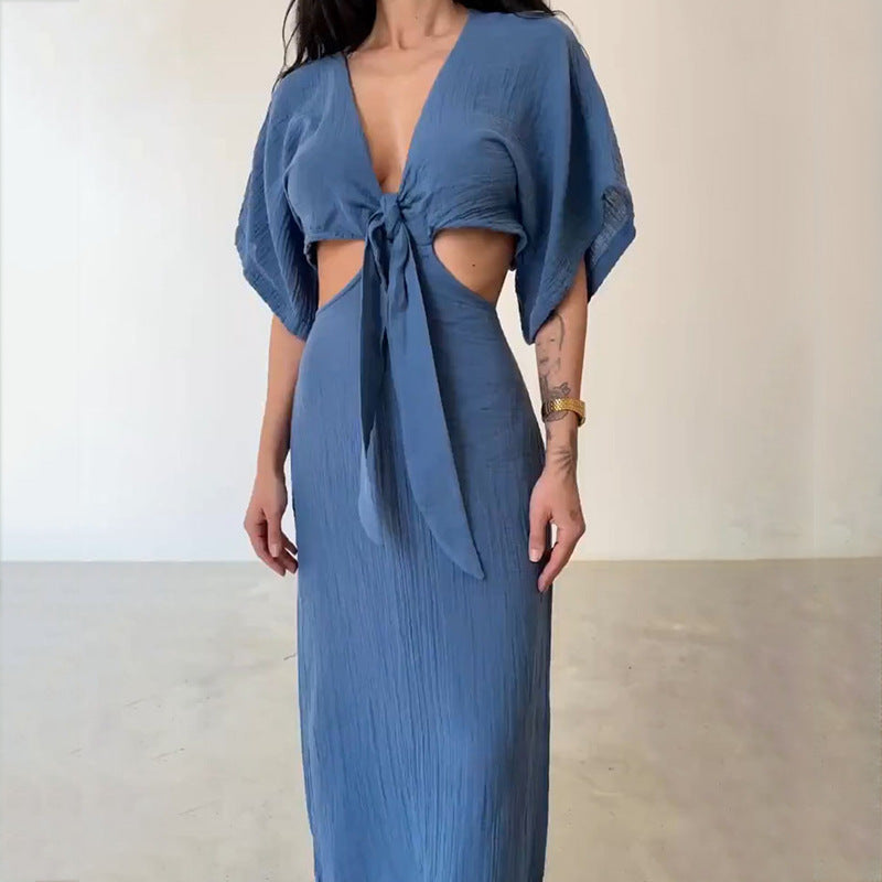 Women’s Maxi Dress – Slim Fit – V-Neck – Waist Cut-Out – Open Back – Draped Sleeves
