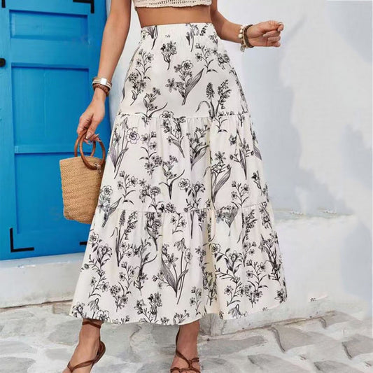 Women’s Midi Skirt – Elastic Waist – Lightweight Cotton Blend – Tiered Floral Design