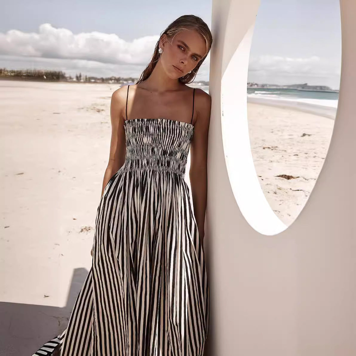 Women’s Maxi Dress – Lightweight Cotton Blend – Ruched Bodice – Flared Skirt – Pockets
