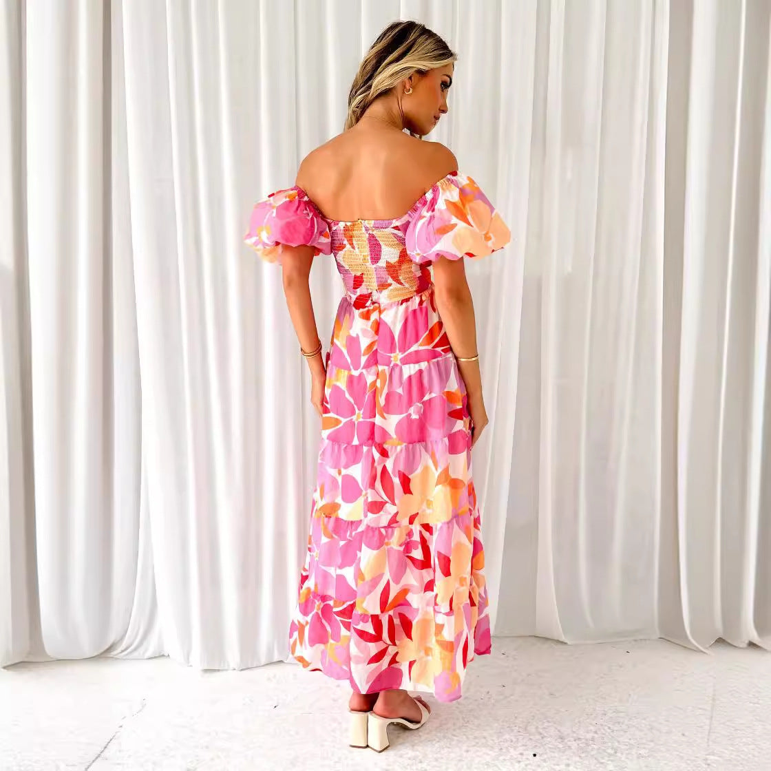Women’s Maxi Dress – Off-Shoulder – Puff Sleeve – Smocked Waist – Lightweight Printed