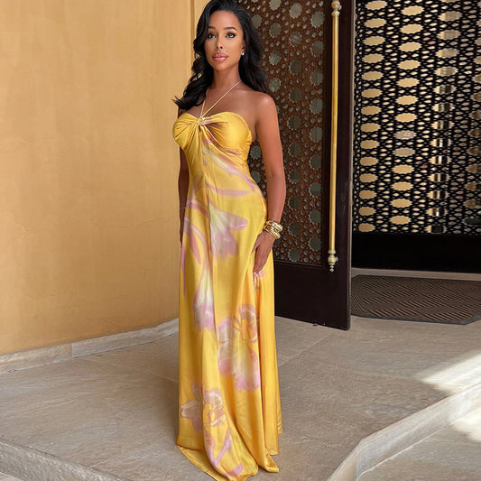 Women’s Maxi Dress – Satin Feel – Halter Neck – Strapless Bandeau – Formal Fit