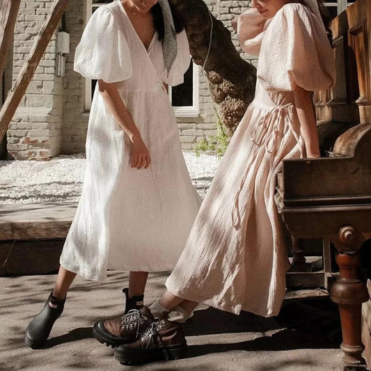 Women’s Long Dress – V-Neck – Puff Sleeve – Soft Textured – Midi Length – Relaxed Fit
