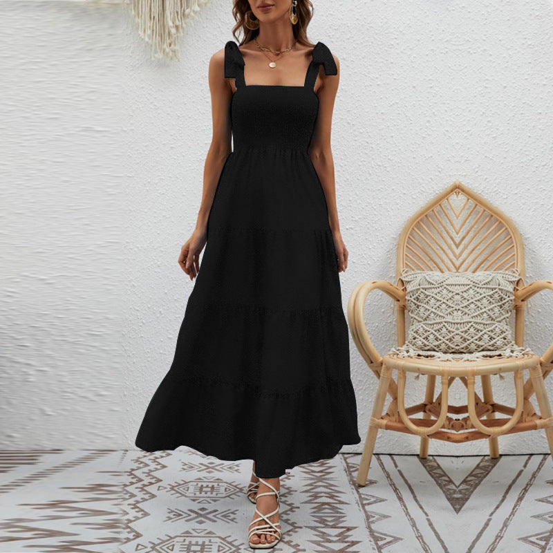 Women’s Maxi Dress – Smocked Bodice – Tie Straps – Tiered Skirt – Cotton Feel